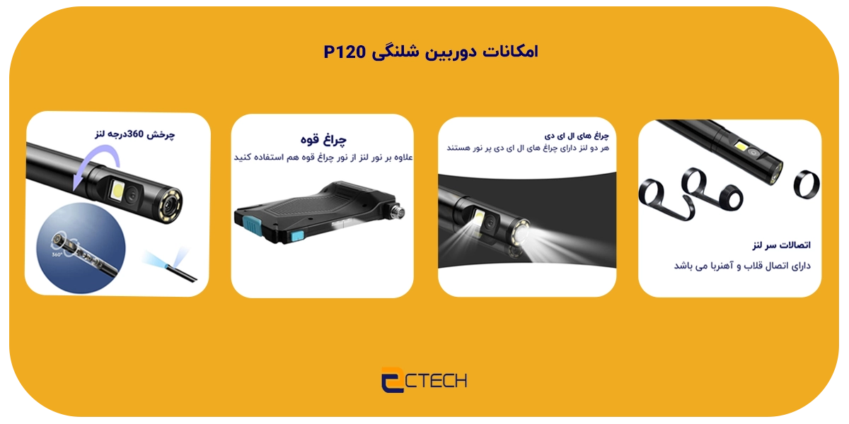 دوربین شلنگی دو لنز چرخشی صنعتی 10 متری Kngiybo مدل P120 